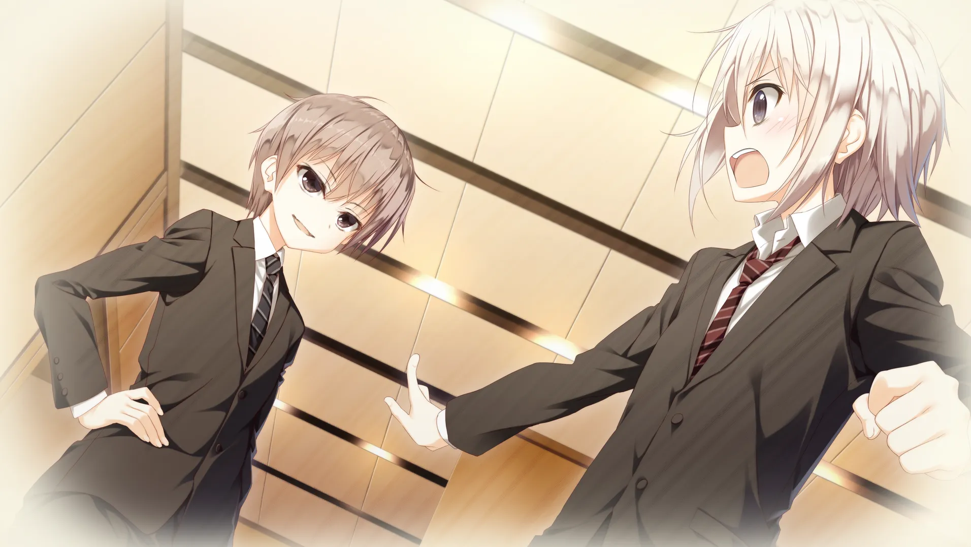 A still frame from Sakura no Toki, showing two of the story's main characters, Naoya and Kei, as children. The borders of the image fade to white, as though in recollection. Kei is pointing aggressively at a smug looking Naoya.